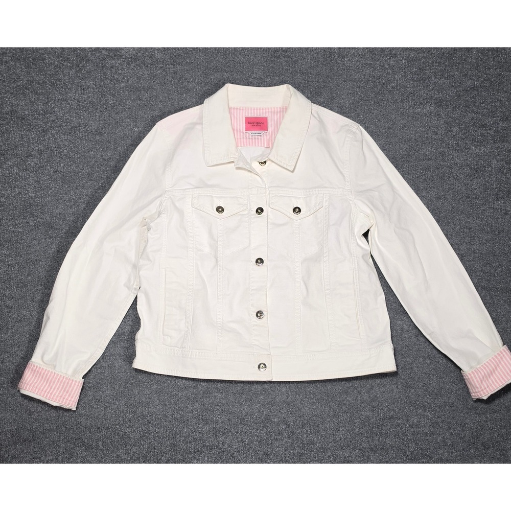 Kate Spade New York White Denim Jacket XL Pink Striped Trim Gold Buttons Trucker